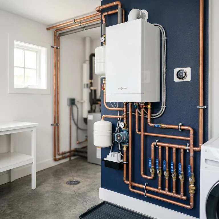 Wall-mounted boiler with neatly soldered copper piping in a clean mechanical room
